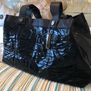 DKNY black patent shoulder handbag